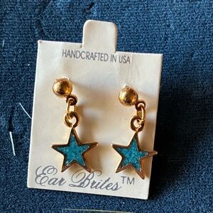 Gold-Tone Star Drop Earrings with Teal Inlay
